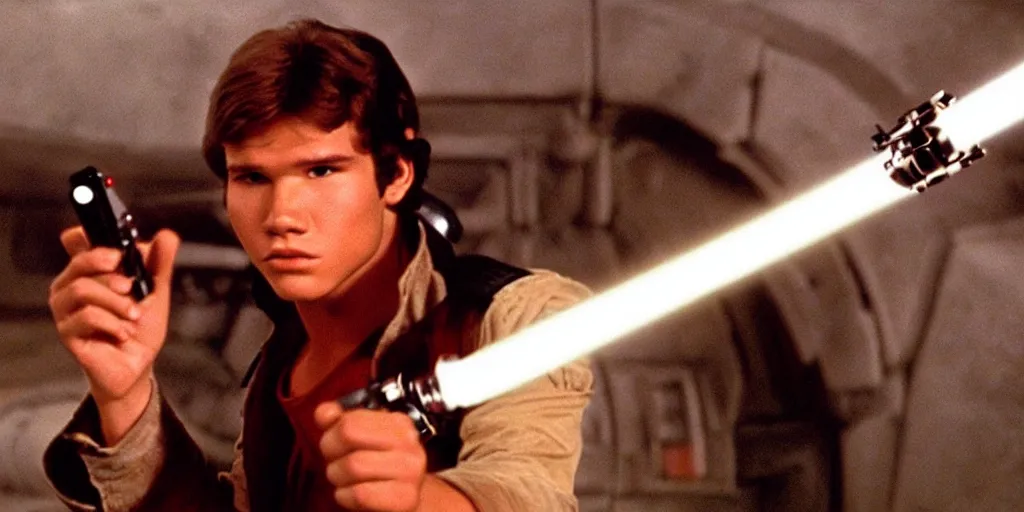 Prompt: a full color still of a teenaged Han Solo holding a lightsaber hilt during a sci-fi battle, cinematic lighting, 1999, directed by Steven Spielberg, 35mm