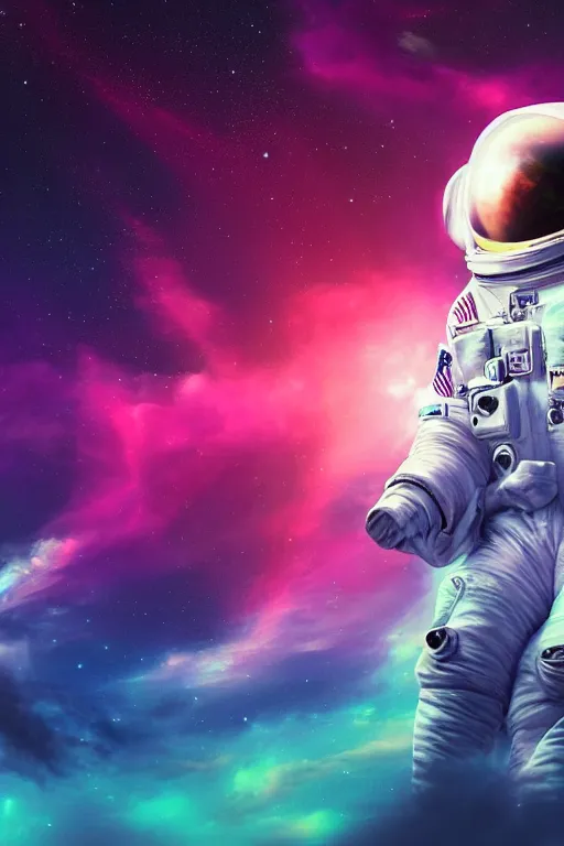 Prompt: Highly detailed stunning digital art of a vaporwave astronaut floating with nebulas in the background.
