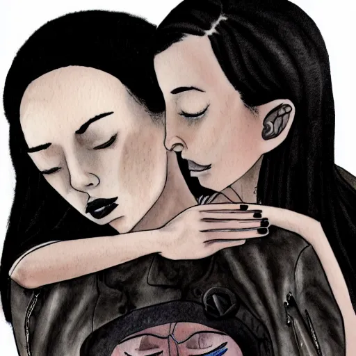 Prompt: Hot young woman, grey skin, void eyeballs, tattoos, wearing a leather jacket, hugging a shrouded person as they cry on her chest, comforting, touching, wholesome, art, watercolour, big sister, little brother, 8k