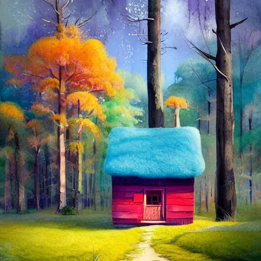 Prompt: small wooden house in the middle of spring forest, bright colours, watercolor, volumetric wool felting, macro photography, children illustration, by rhads