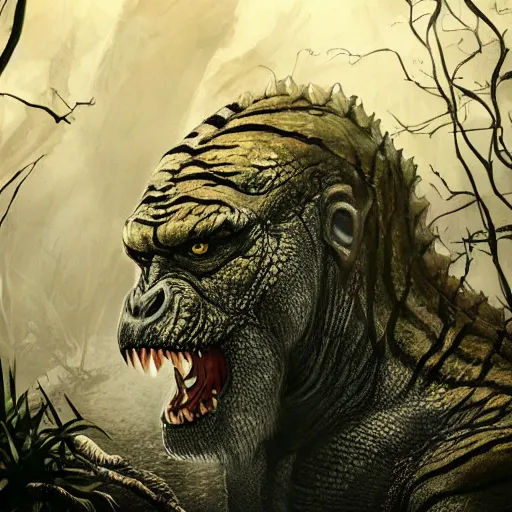 Prompt: A photograph of a giant monster lurking in the swamp, crocodile, mangrove swamp, murky water, vines, gorilla, trending on artstation, ((tiger)), Godzilla