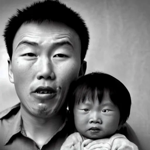 Image similar to a shocked asian man holding his newborn black baby