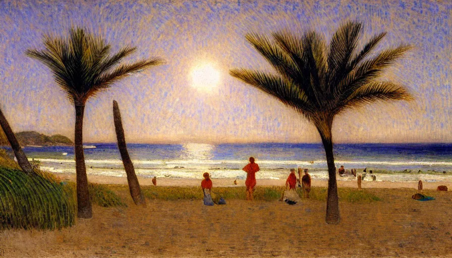 Image similar to a ultradetailed beautiful painting of meteor seen from a beach, by jules bastien - lepage, tarsila do amaral, frank weston and gustave baumann, beach, trending on artstation, mediterranean, palm trees, sharp focus, colorful refracted sparkles and lines, soft light, 8 k 4 k