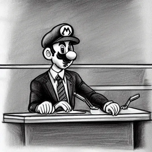 Image similar to mario at the witness stand in court. pencil court sketch. intricate. highly professionally detailed.