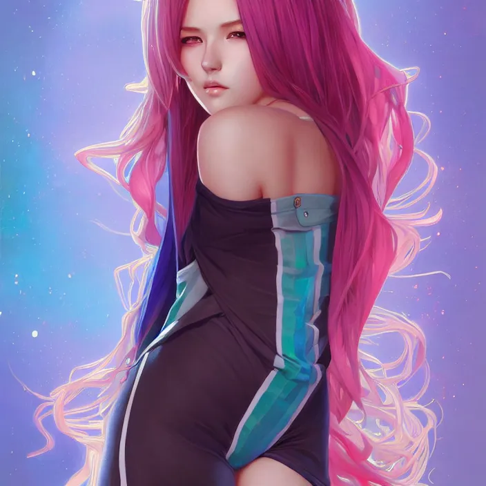 Image similar to full body portrait, a beautiful symmetrical gorgeous anime girl, rainbow hair, attractive, casual, modern, victoria's secret, highly detailed, digital painting, artstation, concept art, smooth, sharp focus, illustration, art by artgerm, greg rutkowski and alphonse mucha, 8 k,