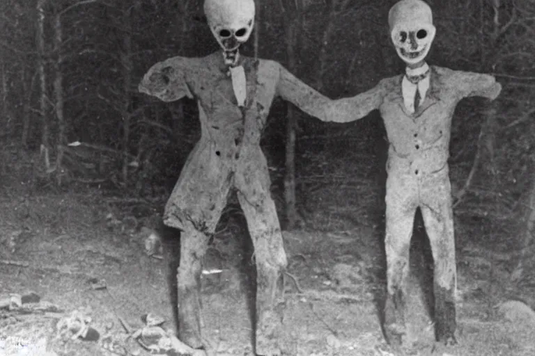 Image similar to an very old photo of slenderman grabbing a dead body