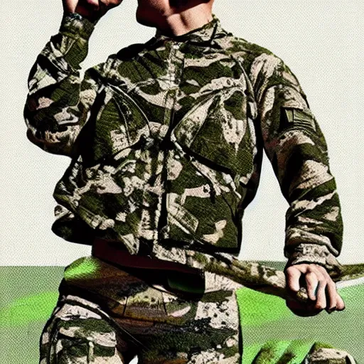 Image similar to soldier wearing camouflage, but with melon pattern.