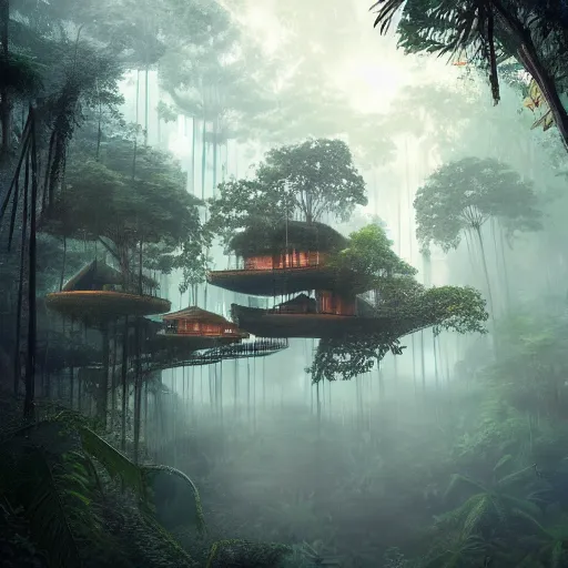 Prompt: surreal treehouses in a rainforest, cyberpunk , concept art, artstation, photorealistic, hyper detailed, atmospheric, volumetric lighting, foggy