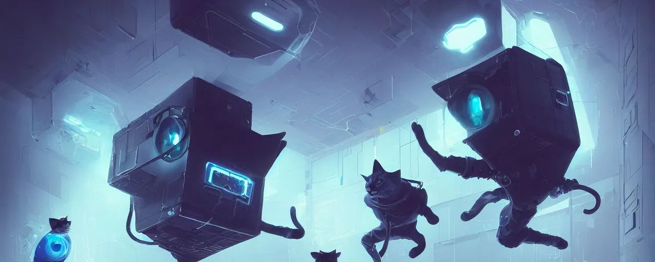 Prompt: duotone noir scifi concept dynamic illustration of 3 d mesh of cat inside box floating zero gravity glowing 3 d mesh quantum portals, glowing eyes, octane render, surreal atmosphere, volumetric lighting. accidental renaissance. by sachin teng and sergey kolesov and ruan jia and heng z. graffiti art, scifi, fantasy, hyper detailed. trending on artstation