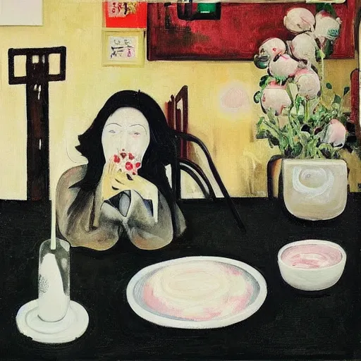 Image similar to “a portrait in an art student’s apartment, pig paintings on the wall, pork, ikebana white flowers, white wax, squashed berries, acrylic and spray paint and oilstick on canvas, by munch and Dali”