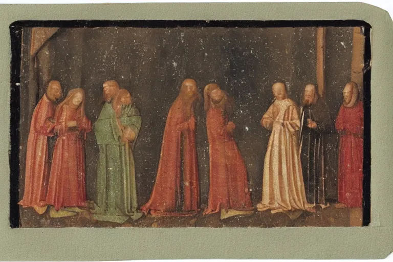 Image similar to polaroid photo of an medieval painting of an ufo