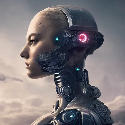 Image similar to masterpiece closeup portrait of a beautiful girl cyborg-armored in a surreal dream landscape, cinematic lighting, Marco Plouffe, 8k