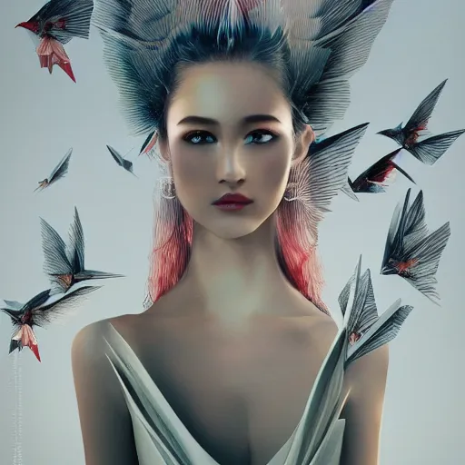 Image similar to 3 / 4 view of a beautiful girl wearing an origami dress, eye - level medium shot, hummingbirds, elegant, by eiko ishioka, givenchy, by peter mohrbacher, centered, fresh colors, origami, fashion, detailed illustration, vogue, high depth of field, japanese, reallusion character creator