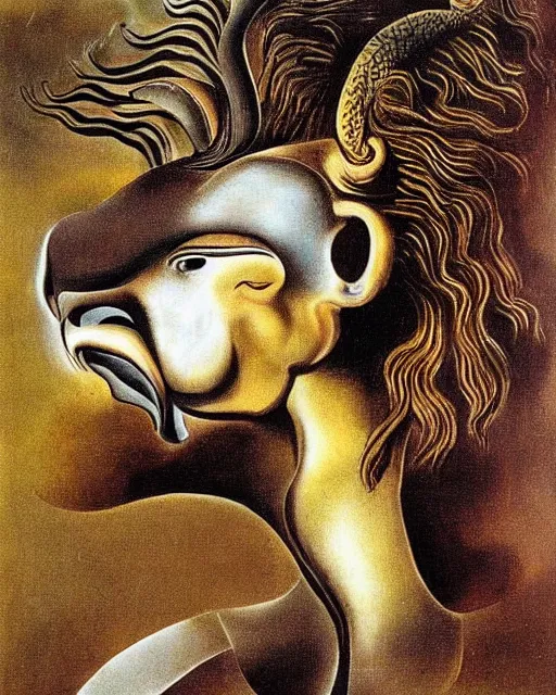 Image similar to a creature with the body and eyes of a man, with the beak of an eagle, the mane of a lion, and the horns of an ox. drawn by salvador dali