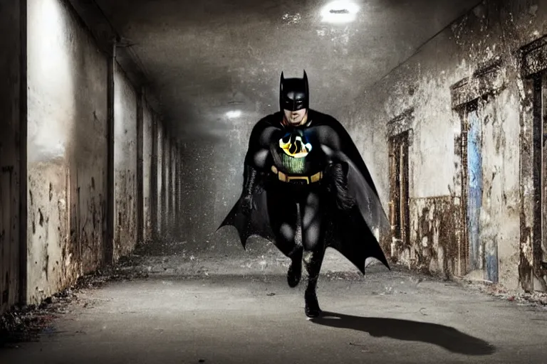 Image similar to batman covered in beer, chasing through old brown decrepit hallway, creepy smile, atmospheric eerie lighting, photorealistic face, dim lighting, bodycam footage, motion blur, photography