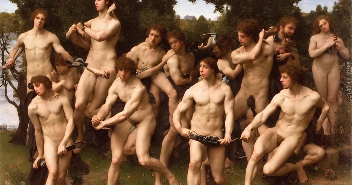 Image similar to large group of pre-Raphaelite muscular athletic male wearing headset siting and working on macbook Bouguereau and raphael