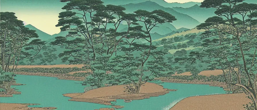 Image similar to The stream runs through the valley, by Hasui Kawase