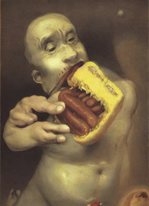 Image similar to saturn devouring his hot dog by francisco goya