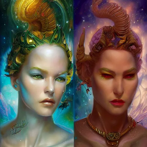 Image similar to beautiful gemini good and evil fantasy female character portrait, highly saturated colors, ultra realistic, wide angle, intricate details, the fifth element artifacts, holographic undertones, highly detailed by peter mohrbacher, hajime sorayama, wayne barlowe, boris vallejo, aaron horkey, gaston bussiere, craig mullins