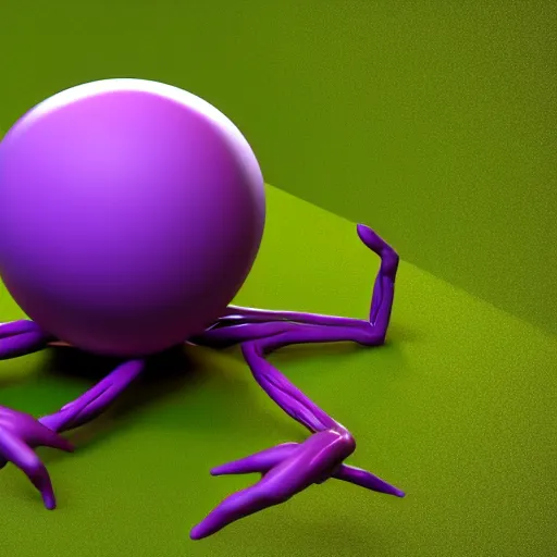 Image similar to photo of a clay model of character with large spherical purple head and tiny eyes with comically tiny body and spindly limbs leans close to the camera, fish eye lens, 4 k, hyper realistic, hyper detailed face, octane render