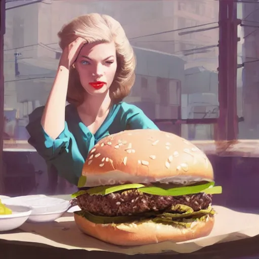 Prompt: artwork costume design: Lauren Bacall eating a massive hamburger, voluptuous sesame seed bun, extra ketchup and pickles and onions . By Greg Rutkowski, Ilya Kuvshinov, WLOP, Stanley Artgerm Lau, Ruan Jia and Fenghua Zhong, trending on ArtStation, made in Maya and Photoshop, octane render, excellent composition, cinematic atmosphere, dynamic dramatic cinematic lighting, aesthetic, very inspirational, arthouse