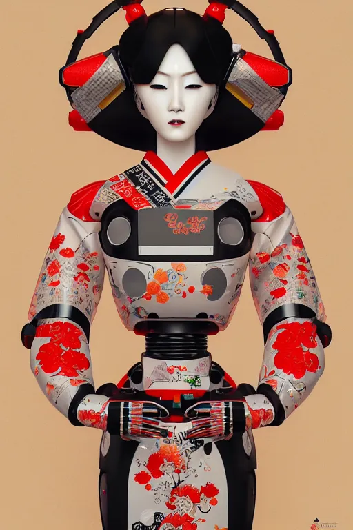 Image similar to full body portrait of a japanese robot geisha with kanji tattoos and decals wearing a digital pixelated kimono, intricate design, photorealistic, octane render, raytraced, ultra fine detailed, character design, trending on artstation