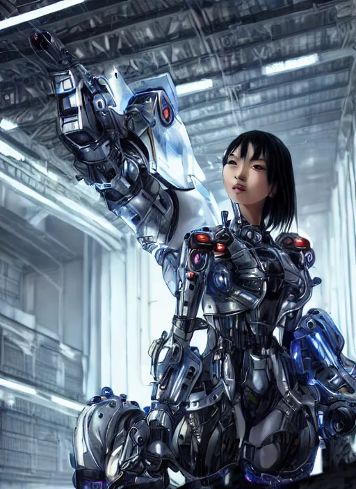 Prompt: a young attractive Asian woman wearing mecha armor inside a sci-fi hangar, dramatic pose, chrome, glowing LEDs, wires and cables, highly detailed, photorealistic, volumetric lighting, digital art, octane render, in the style of Artgerm and Tom Bagshaw