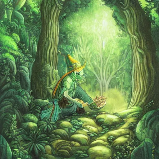 Image similar to a green genie ready to grant wishes deep in the forest, fantasy illustration, Miyazaki