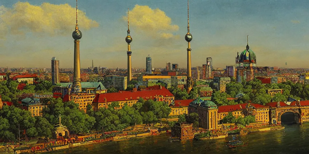 Prompt: berlin skyline in the style of raja ravi varma, high detail, realism