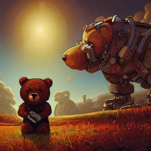 Image similar to a paint of dan mumford, of a robotic teddy bear painting a picture of a cute bear, in the background an apocalyptic panorama, artstation