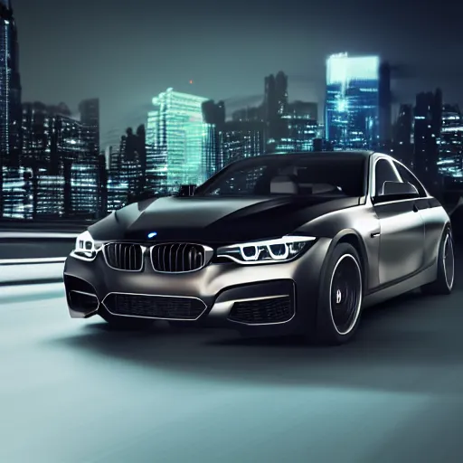 Image similar to product shot of a black BMW, black background, neon lights, octane render, motion blur, bokeh