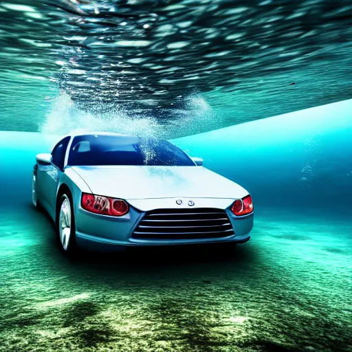 Image similar to hyperrealistic photo of a car underwater, 4 k, 8 k, thin film, full shot