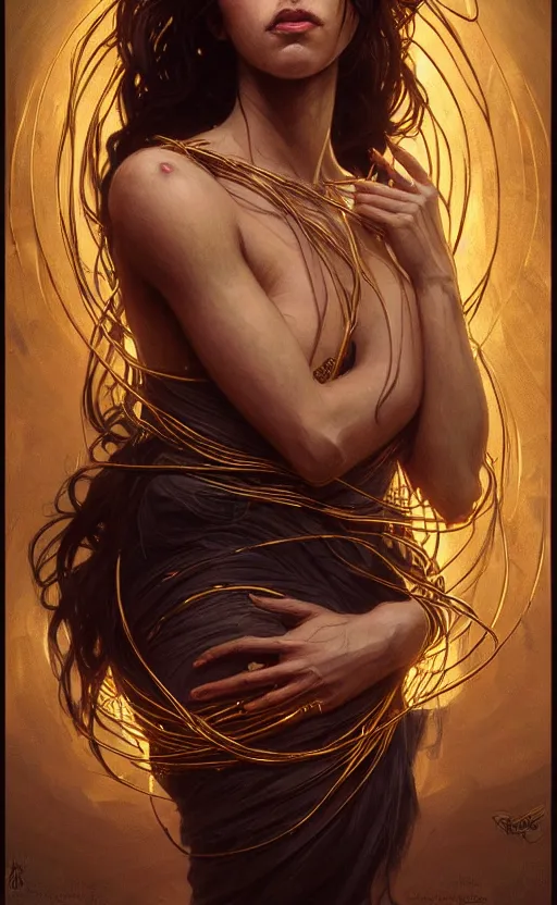 Image similar to portrait of a dark goddess, gold wires, visible veins and nerves, intricate, headshot, highly detailed, digital painting, artstation, concept art, sharp focus, cinematic lighting, illustration, art by artgerm and greg rutkowski, alphonse mucha, cgsociety