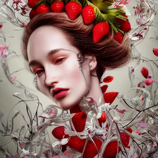 Image similar to the professional photoshoot of an absurdly beautiful, graceful, elegant, sophisticated, fashionable young model made of strawberries and white petals, an ultrafine hyperdetailed illustration by kim jung gi, irakli nadar, intricate linework, bright colors, octopath traveler, final fantasy, unreal engine 5 highly rendered, global illumination, radiant light, detailed and intricate environment