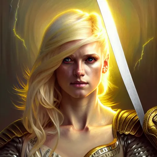 Image similar to A epic fantasy portrait of a blond woman, holding a sword, castle setting, horror movie lightning, intricate, elegant, highly detailed, digital painting, artstation, concept art, matte, sharp focus, illustration, art by Artgerm and Greg Rutkowski and Alphonse Mucha