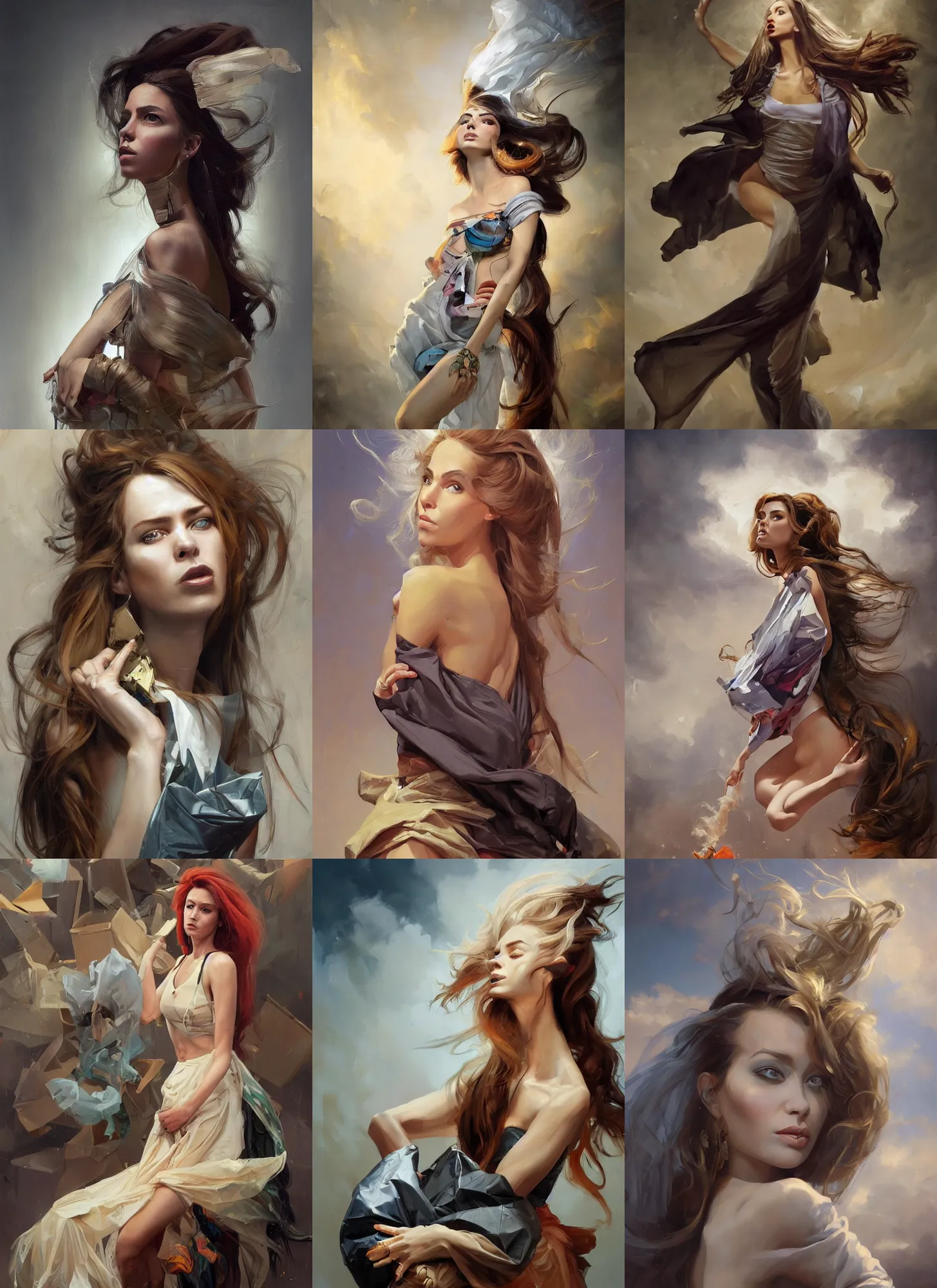 Image similar to fine art portrait oil painting of a beautiful woman with long hair wearing a garbage bag for clothes, perspective, ultra detailed, elegant, intricate, dynamic lighting, hyperrealism, sharp focus, art by peter mohrbacher and greg manchess and andrei riabovitchev