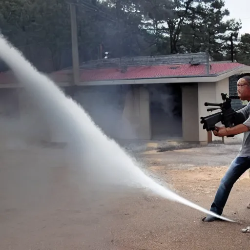 Image similar to a man shooting a machine gun in a shooting range, guns blazing, muzzle flashes showing