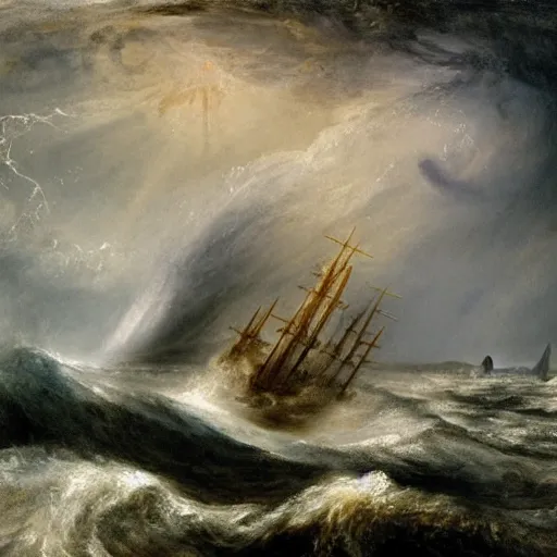 Prompt: giant kraken with huge tentacles entangled with frigate in the waves of a stormy ocean under a dramatic sky, by jmw turner
