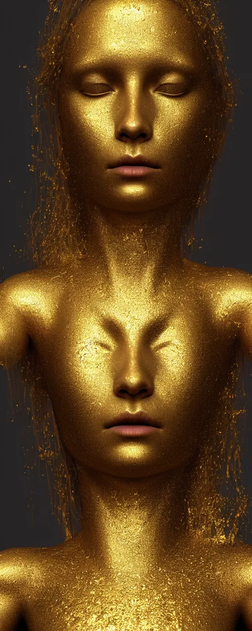 Prompt: portrait photo of a goddess, Gold raining in background, cinematic lighting, ultra super good realistic 3D render by Pete Morbacher and Emil Melmoth, insanely detailed, trending on artstation, sharp focus