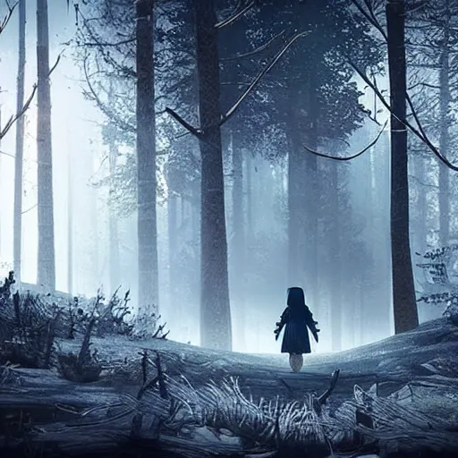 Image similar to in the long past, a alone child, alone in the darside, cold place, mother of witchers, shaodws coming, spirits in the dark, real atmosphere, forest decor