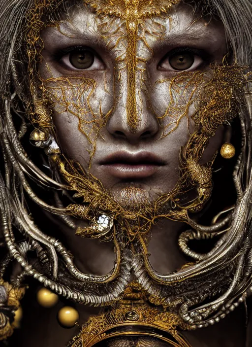 Image similar to hyperrealism, detailed textures, photorealistic symetrical japanese medusa queen portrait, silverplate, intricate, detailed facial animal mask, golden jewelery, silverplate, ultra realistic, cinematic, intricate, cinematic light by steve mccurry, unreal engine 8 k