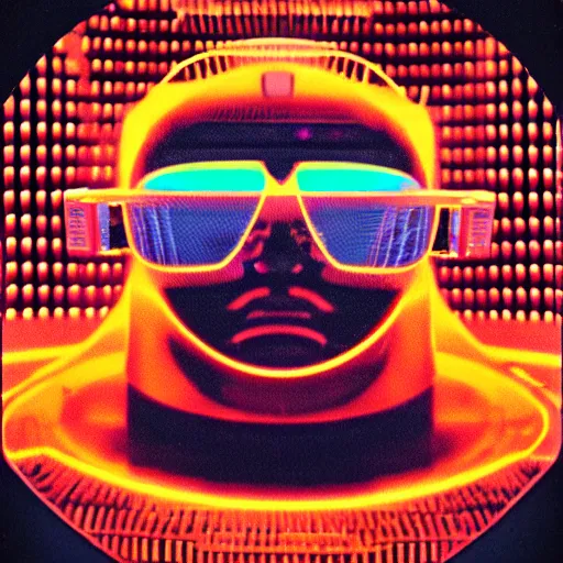 Prompt: cyber - polaroid of a robotic face with glasses, soft emotion, cybernetic, ethereal curtain, starburst, chrome vortex, vibrant scattered light, reflective glass, grainy, 1 9 8 0 s, computer - generated, dreamy atmosphere
