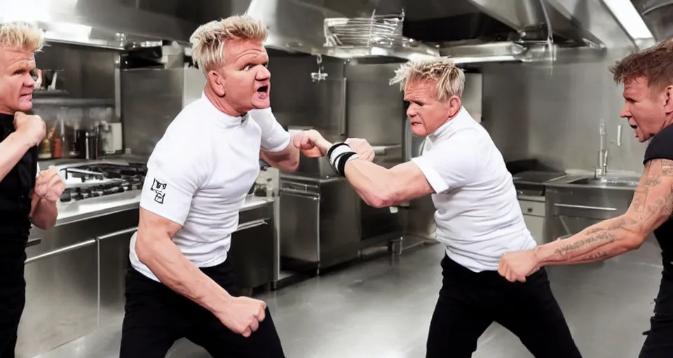 Prompt: photo of angry furious Gordon Ramsay punching Gordon Ramsay at the kitchen