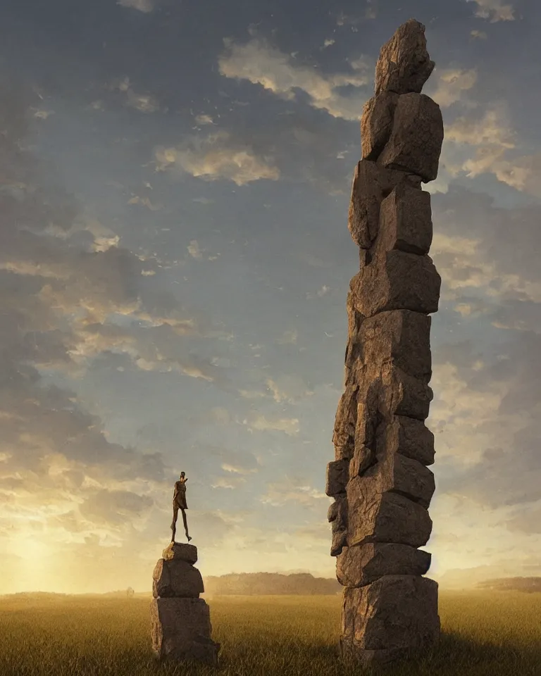 Prompt: wide shot of a tall and thin rocky geometric statue hovering vertically ten feet above a cornfield, late afternoon, golden hour, dramatic lighting, cinematic, highly detailed, smooth, sharp focus, concept art by greg rutkowski and marc simonetti