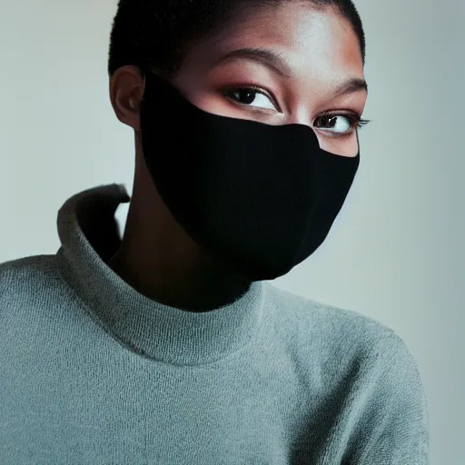 Image similar to realistic photoshooting for a new balenciaga lookbook, color film photography, portrait of a beautiful woman, model is wearing a balaclava mask, in style of tyler mitchell, 3 5 mm,