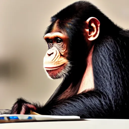 Prompt: chimp sitting at a desk with a crt monitor 📷