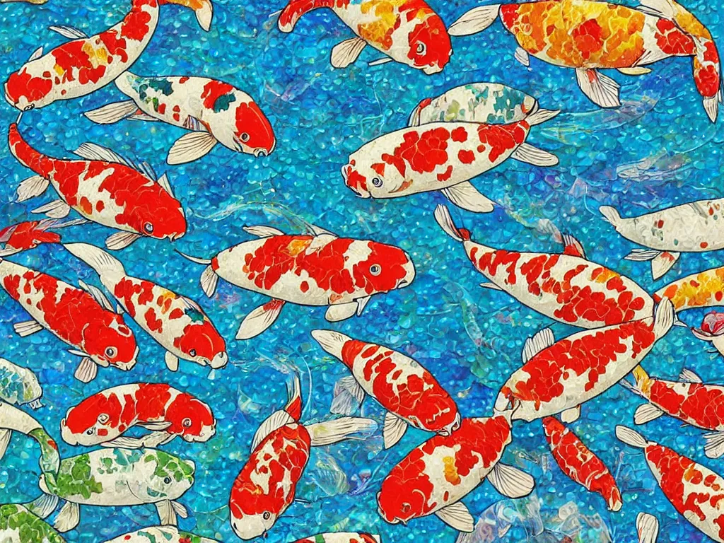 Prompt: breathtaking detailed concept art painting kaleidoscope of koi carp collage illustration pattern, 1 5 0 mm, tiny, small, miniature, short, cute and adorable, digital painting, highly detailed, intricate, elegant, artstation, concept art, colorful, beautiful, studio ghibli, aoshima chiho, takashi murakami, manga, cute and adorable