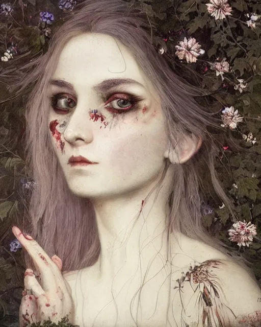 Image similar to a beautiful but creepy young woman in layers of fear, with haunted eyes, violence in her eyes, crazy white hair, wearing a punk outfit, 1 9 7 0 s, seventies, delicate embellishments, a little blood, woodland, moonlight shining on wildflowers, painterly, offset printing technique, by alexandre cabanel