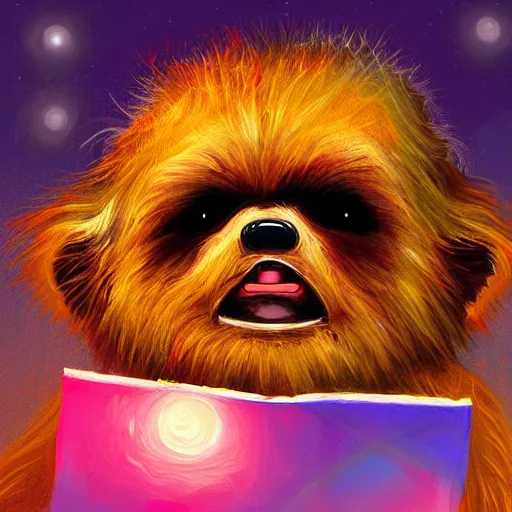 Prompt: a cute ewok painting a picture of the sunset in the forest, digital art, colourful