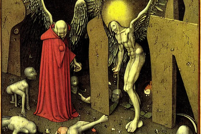 Image similar to fallen angel begs to enter the gates of hell by moebius and hieronymus bosch